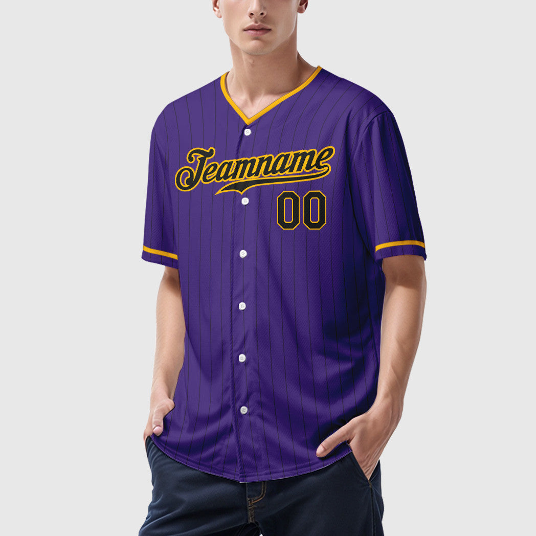 Custom Purple Black Black-Gold Pinstripe Baseball Jersey