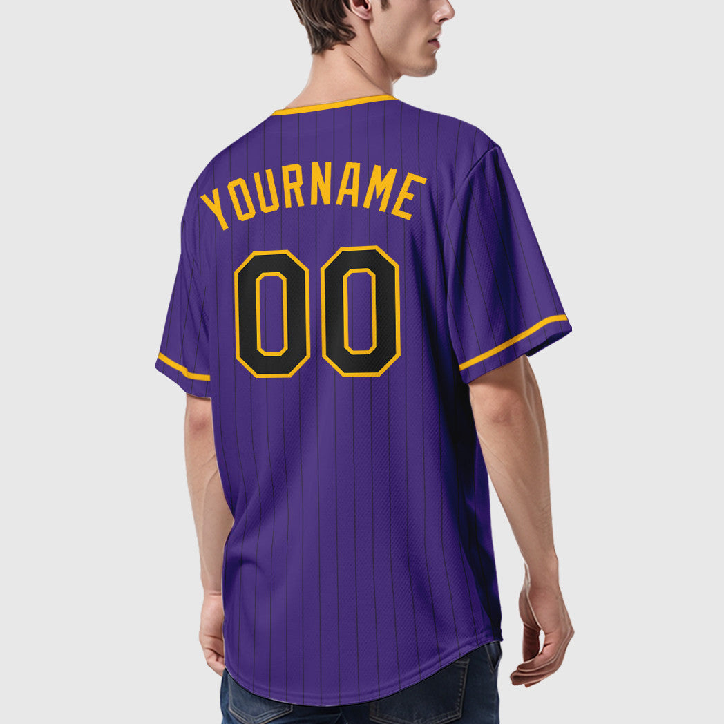 Custom Purple Black Black-Gold Pinstripe Baseball Jersey