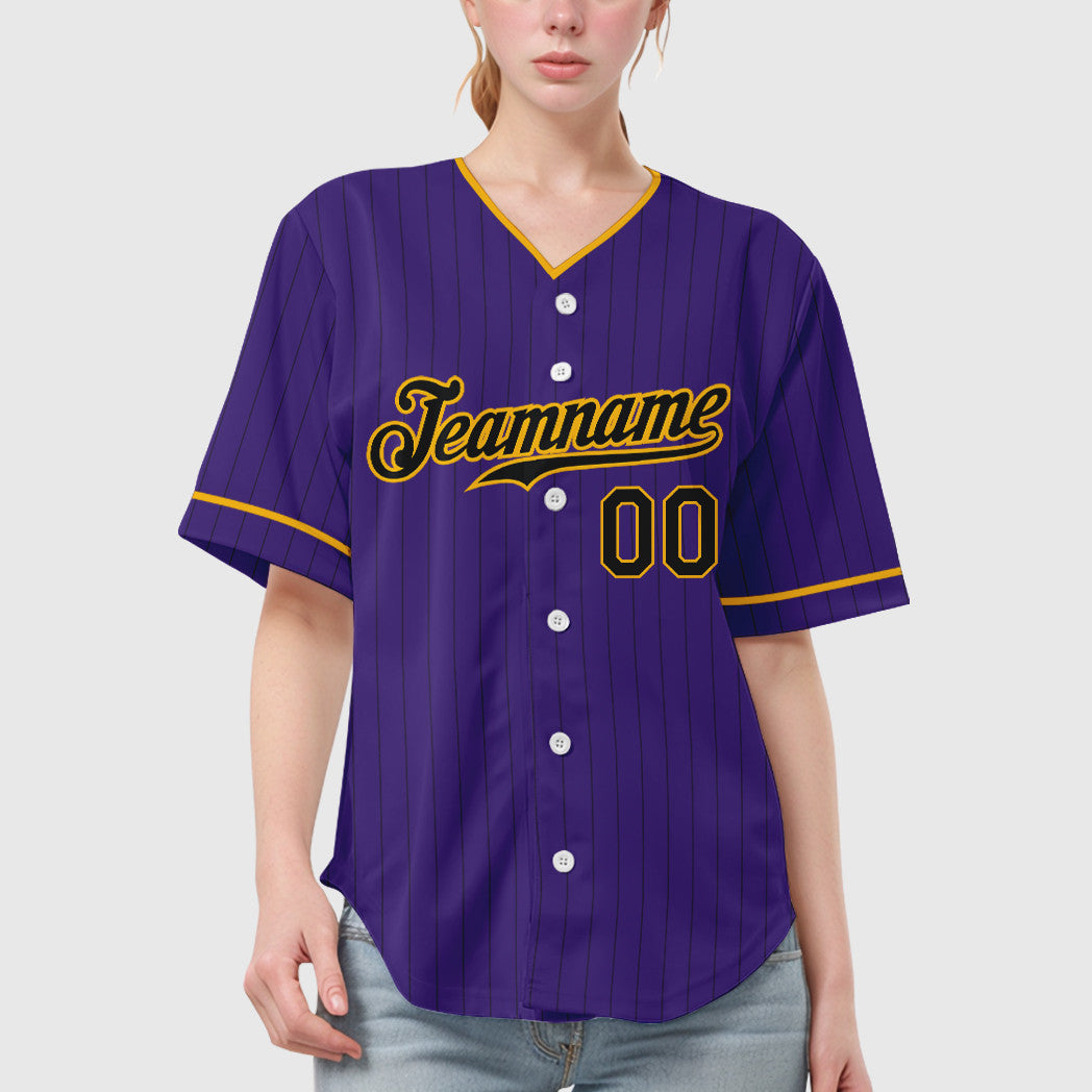 Custom Purple Black Black-Gold Pinstripe Baseball Jersey