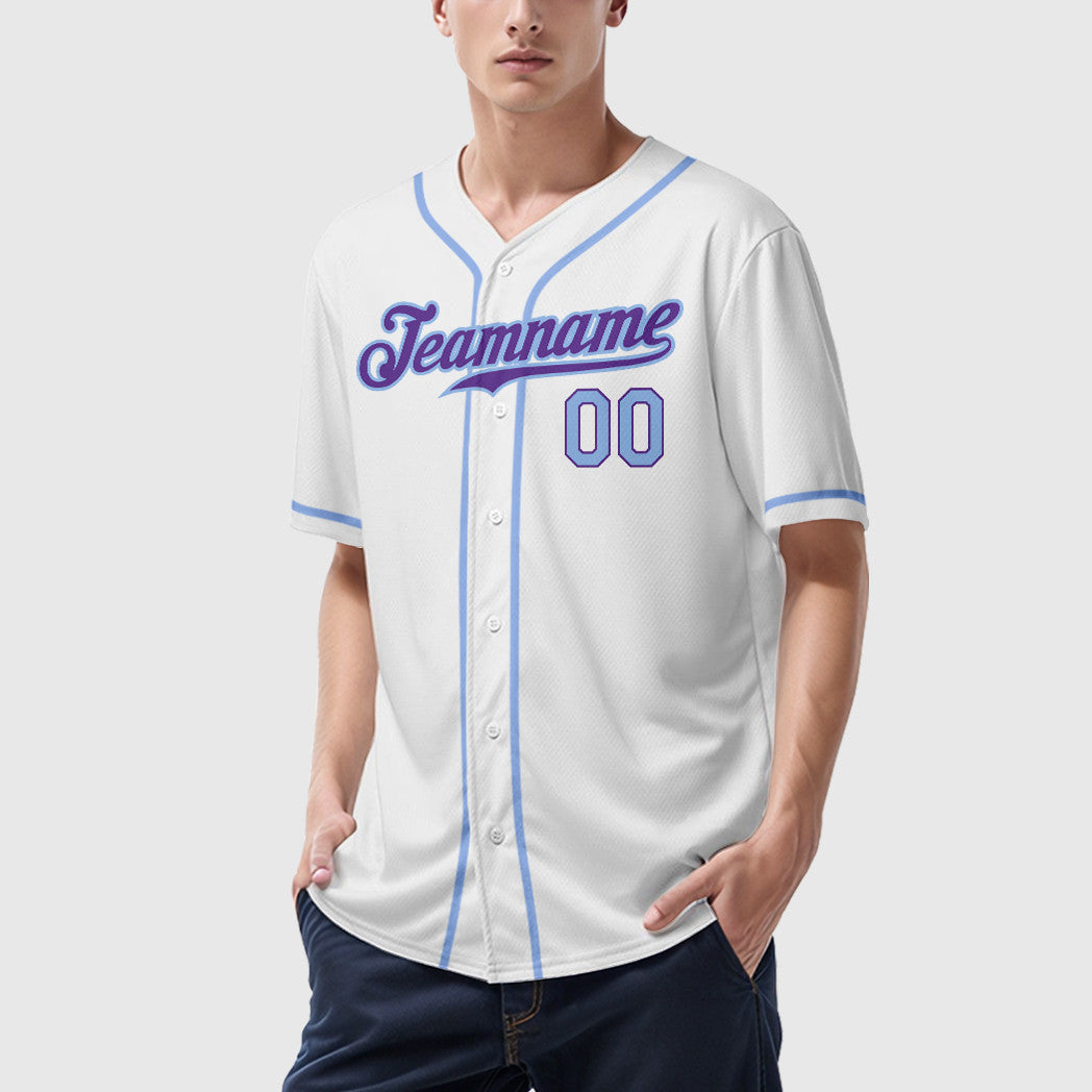 Custom White Purple Light Blue Sleeve Baseball Jersey
