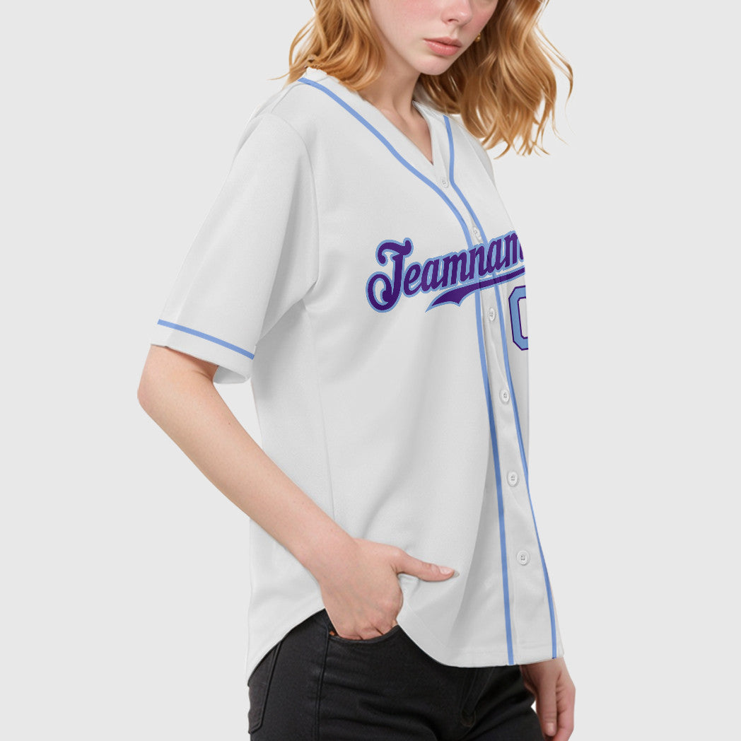 Custom White Purple Light Blue Sleeve Baseball Jersey