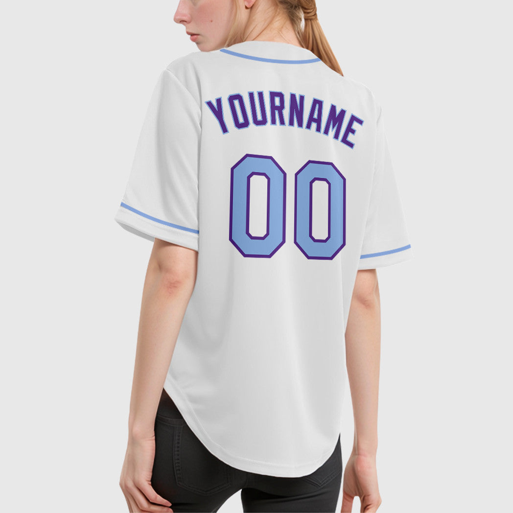 Custom White Purple Light Blue Sleeve Baseball Jersey