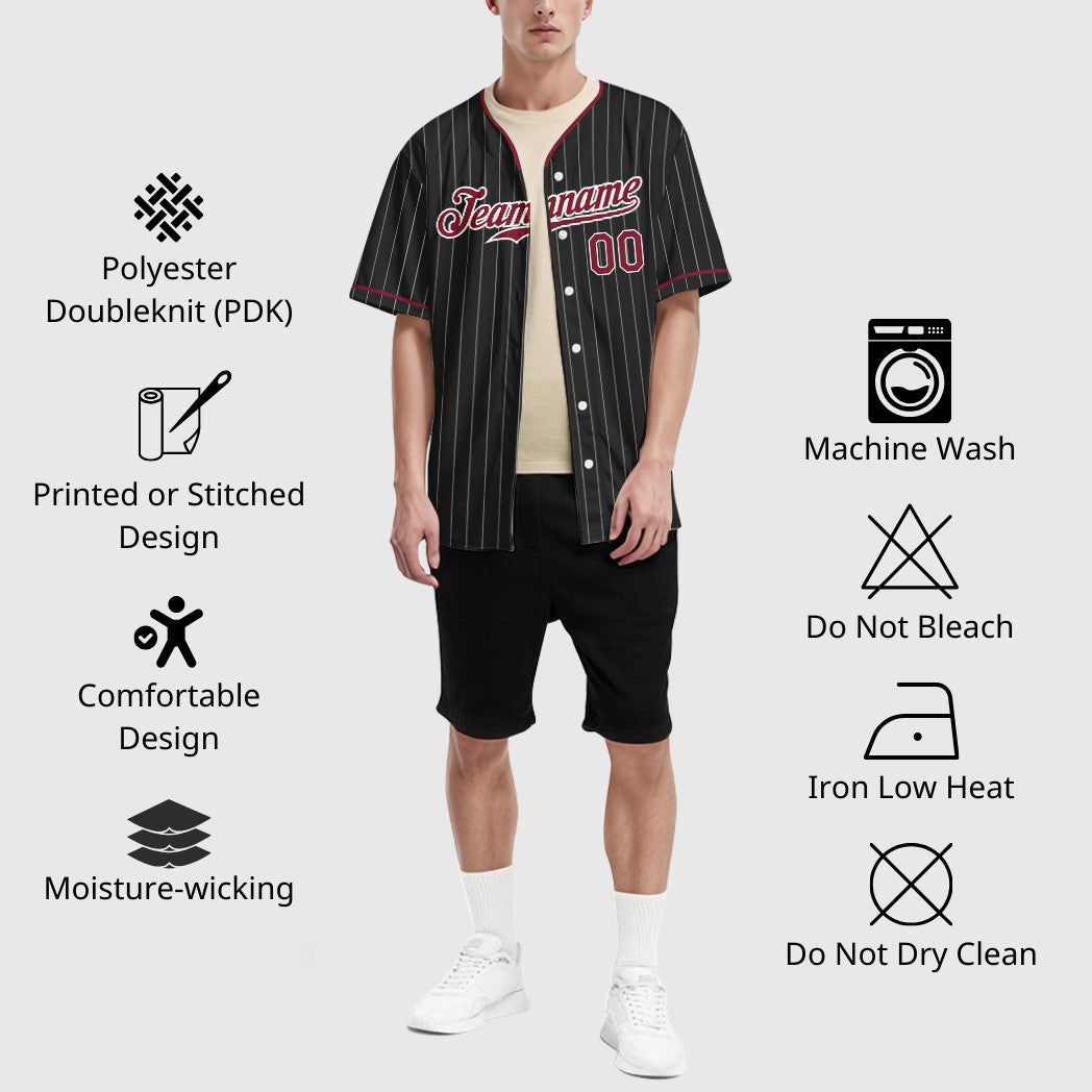 Custom Black White Crimson Pinstripe Baseball Jersey