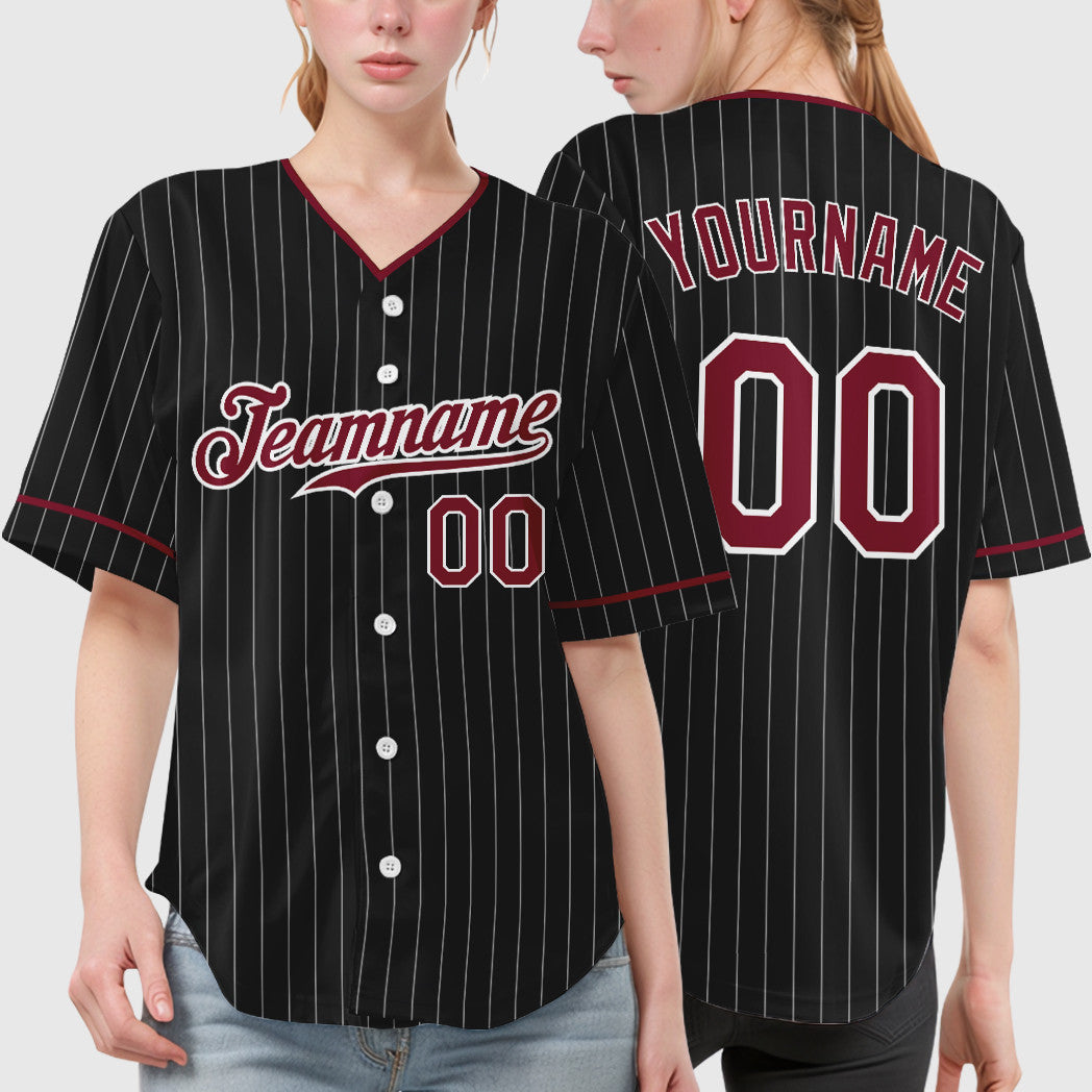 Custom Black White Crimson Pinstripe Baseball Jersey
