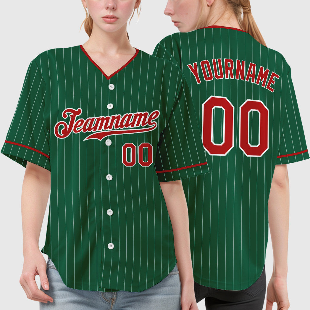 Custom Kelly Green White Red-White Pinstripe Baseball Jersey