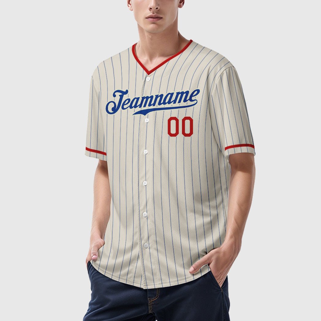Custom Cream Royal Red Pinstripe Baseball Jersey