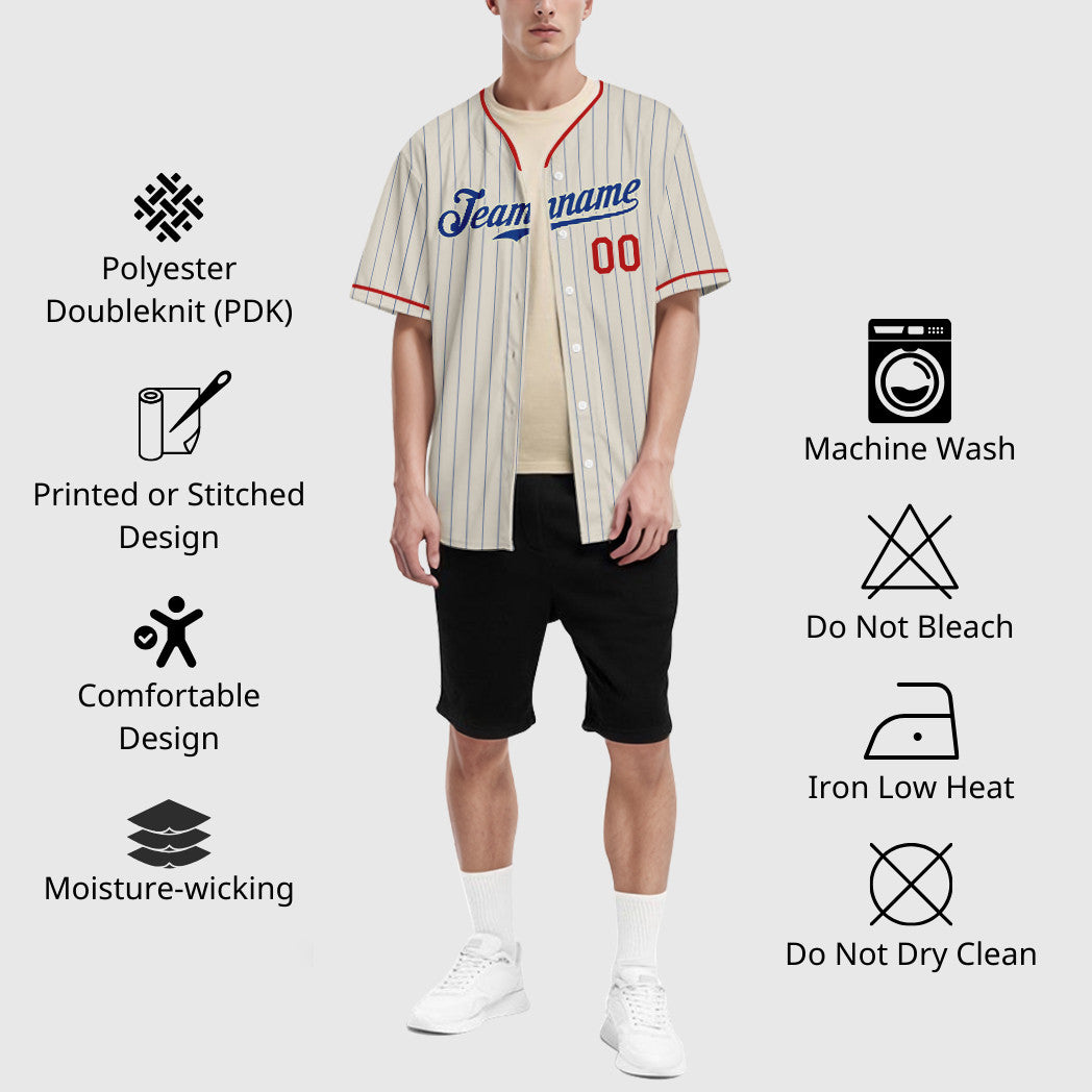 Custom Cream Royal Red Pinstripe Baseball Jersey