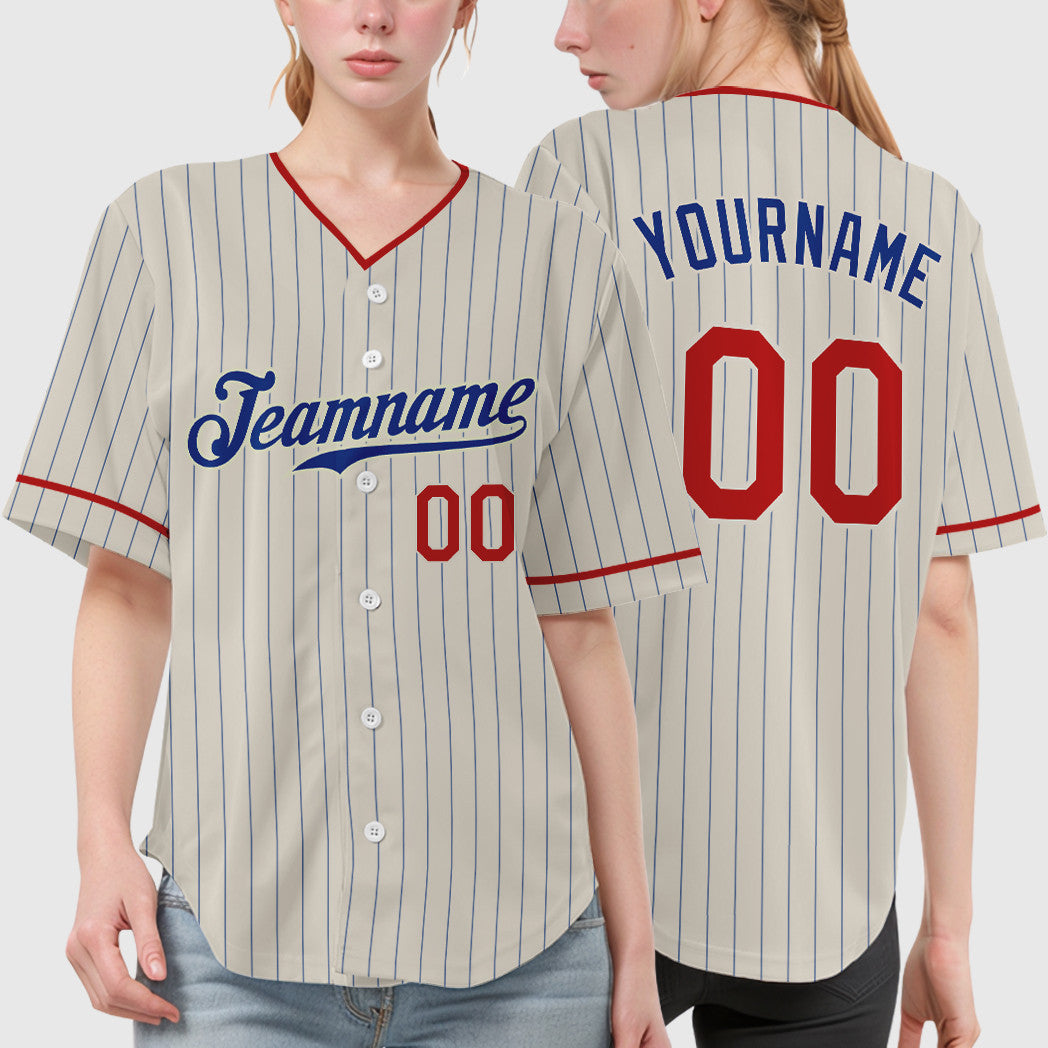 Custom Cream Royal Red Pinstripe Baseball Jersey