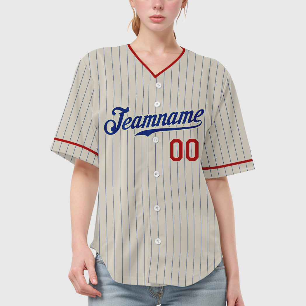 Custom Cream Royal Red Pinstripe Baseball Jersey
