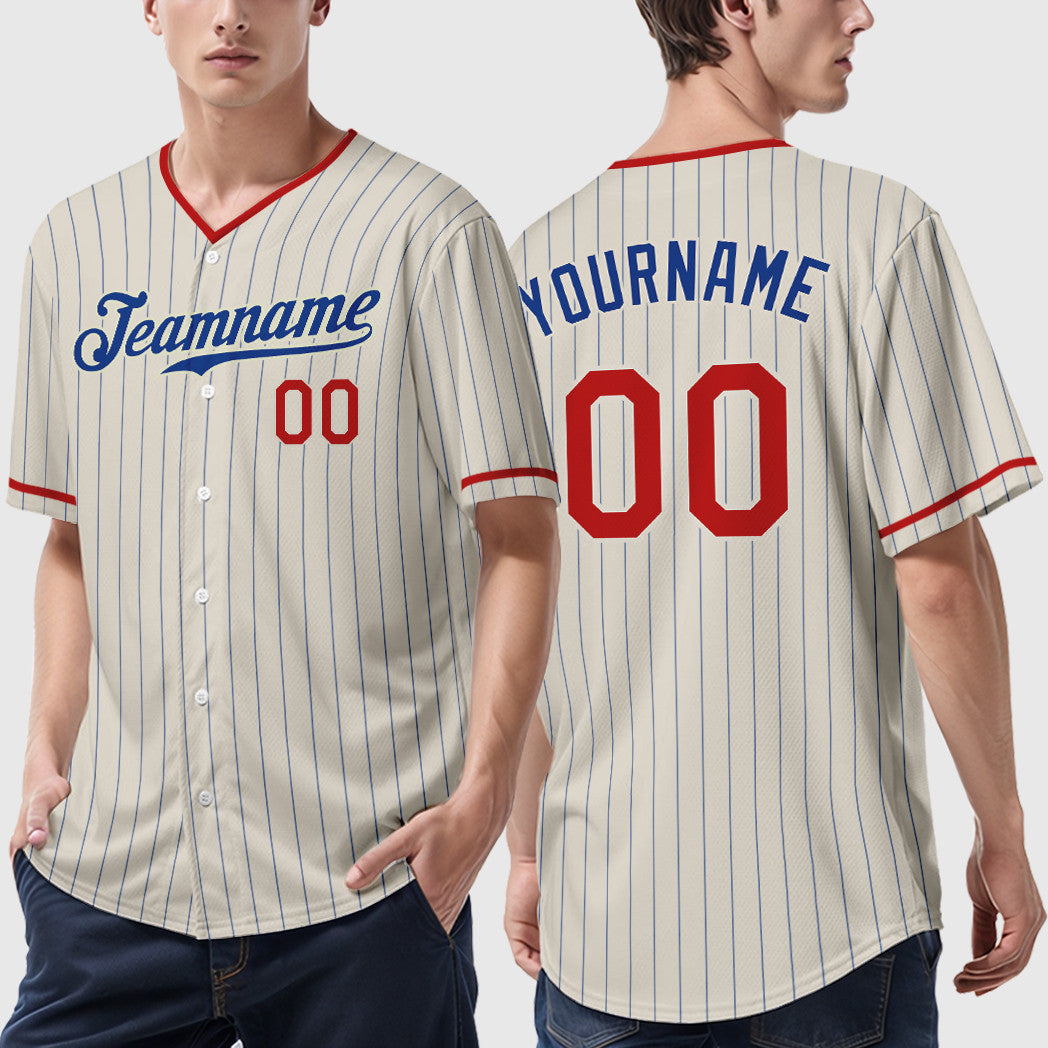 Custom Cream Royal Red Pinstripe Baseball Jersey