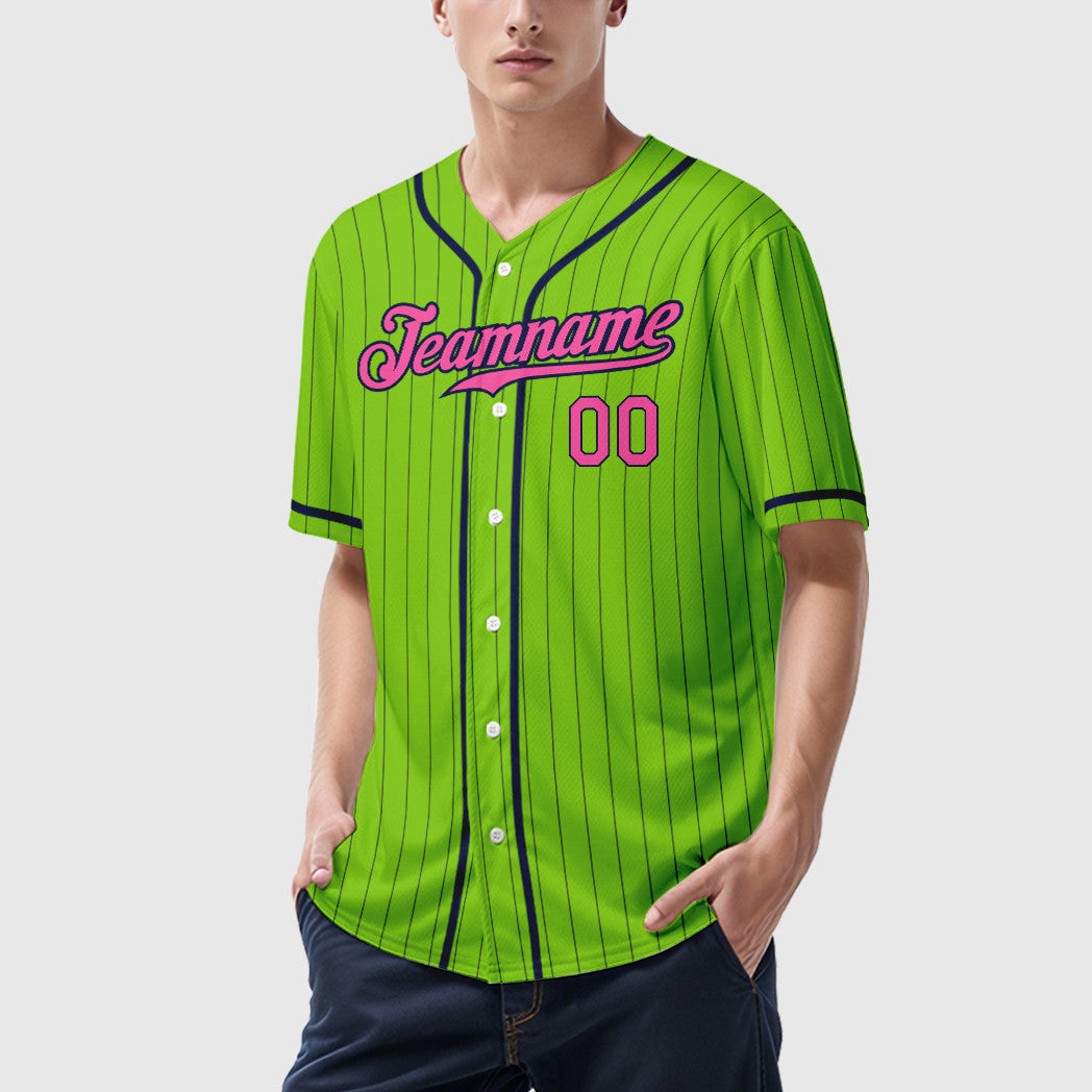 Custom Neon Green Navy Pink Piping Pinstripe Baseball Jersey