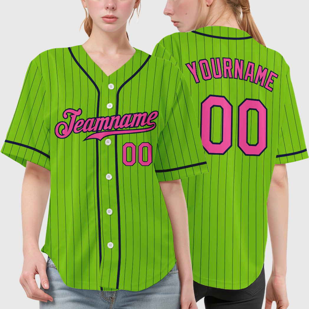 Custom Neon Green Navy Pink Piping Pinstripe Baseball Jersey