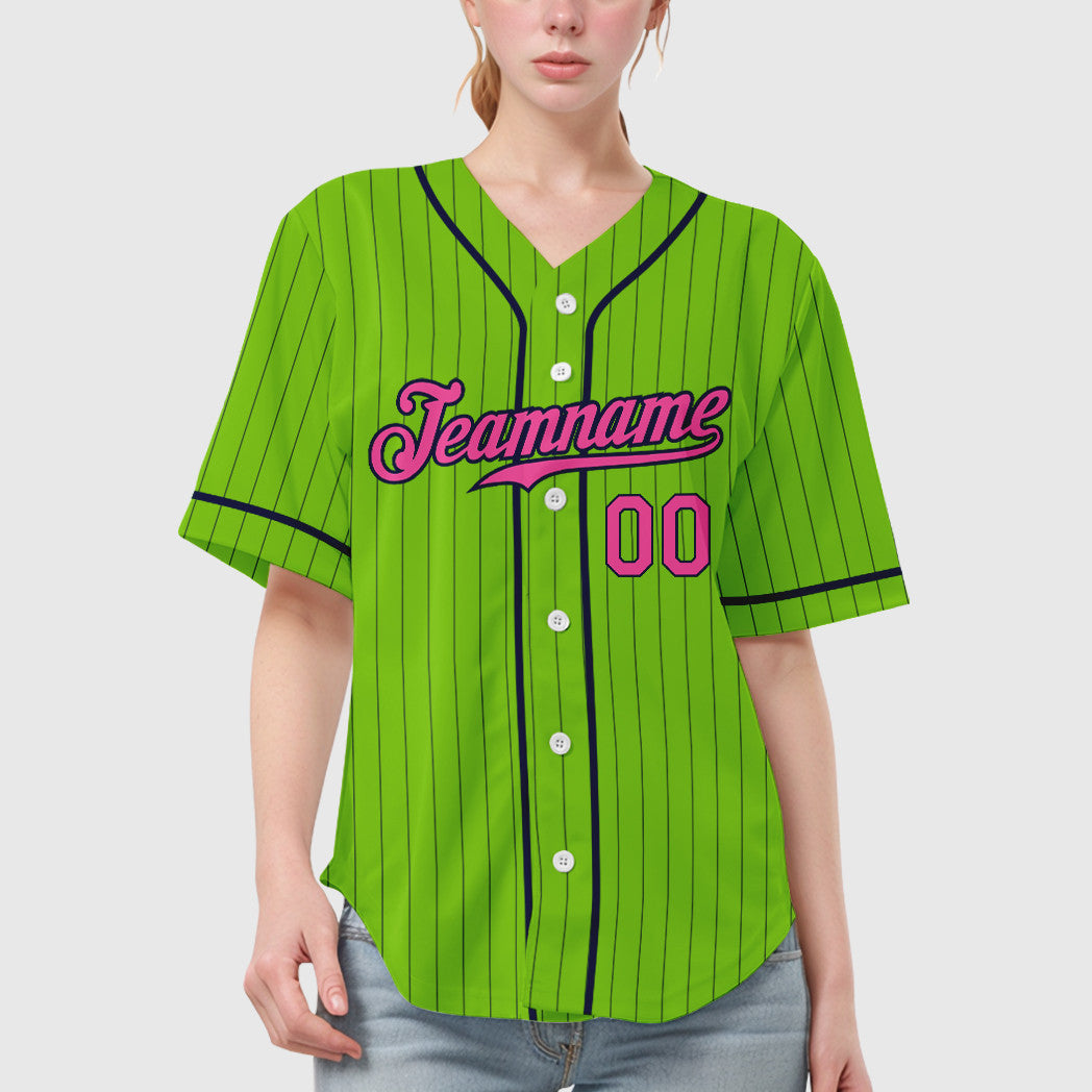 Custom Neon Green Navy Pink Piping Pinstripe Baseball Jersey