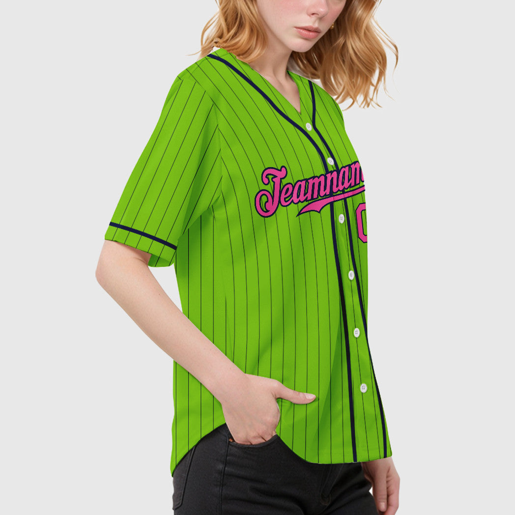 Custom Neon Green Navy Pink Piping Pinstripe Baseball Jersey