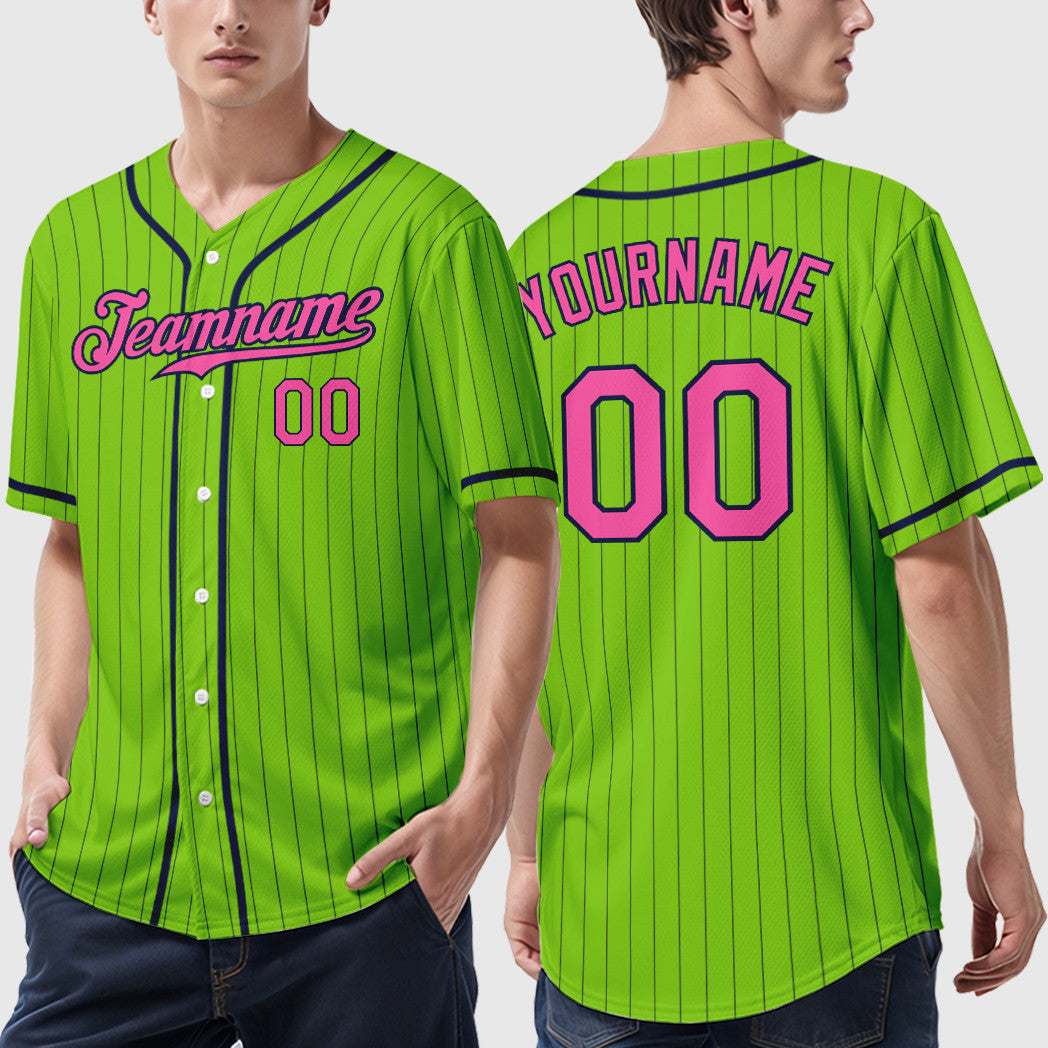 Custom Neon Green Navy Pink Piping Pinstripe Baseball Jersey