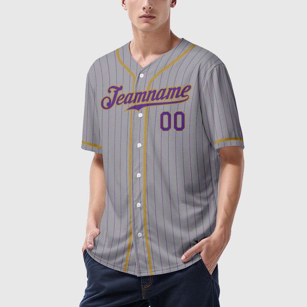 Custom Gray Purple Old Gold Piping Pinstripe Baseball Jersey