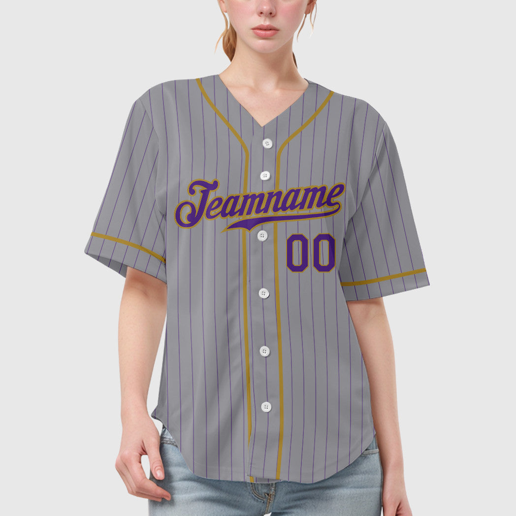 Custom Gray Purple Old Gold Piping Pinstripe Baseball Jersey