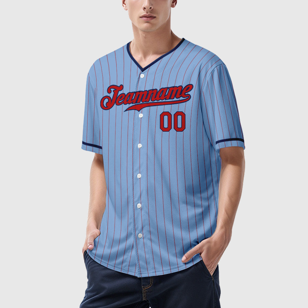 Custom Light Blue Red Red-Navy Pinstripe Baseball Jersey