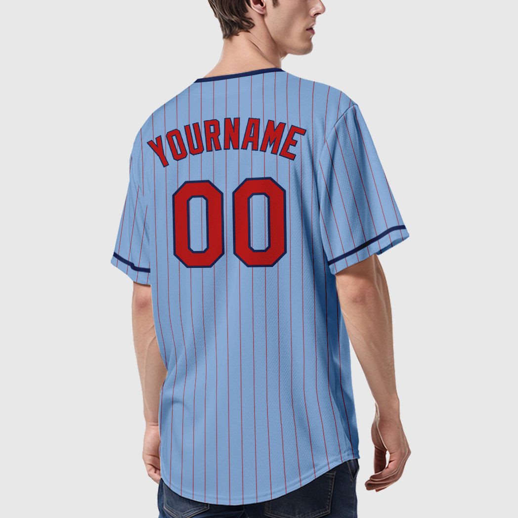 Custom Light Blue Red Red-Navy Pinstripe Baseball Jersey