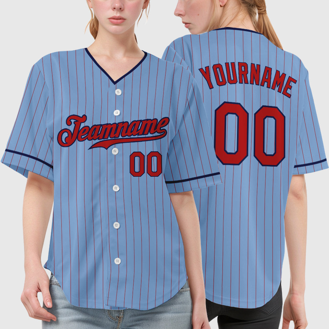 Custom Light Blue Red Red-Navy Pinstripe Baseball Jersey