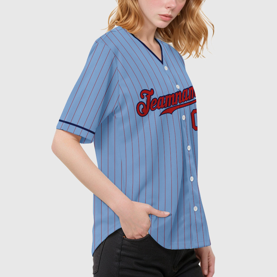 Custom Light Blue Red Red-Navy Pinstripe Baseball Jersey