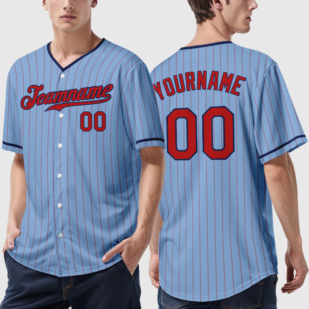 Custom Light Blue Red Red-Navy Pinstripe Baseball Jersey