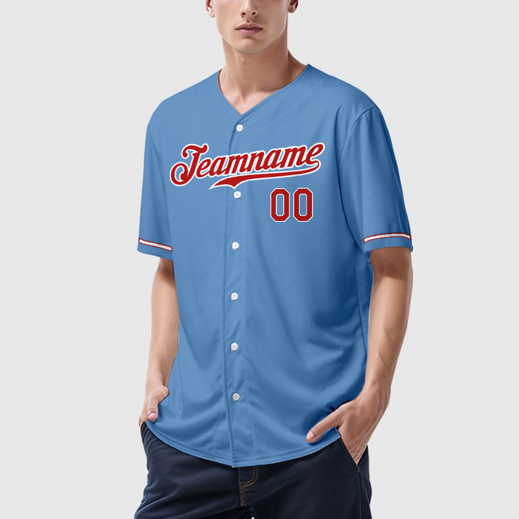 Custom Light Blue White Red Baseball Jersey