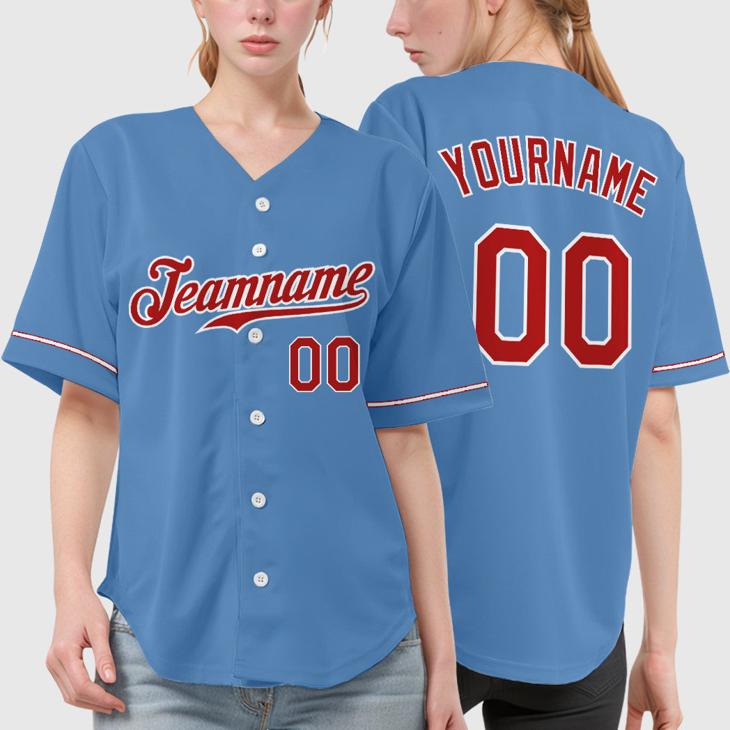 Custom Light Blue White Red Baseball Jersey