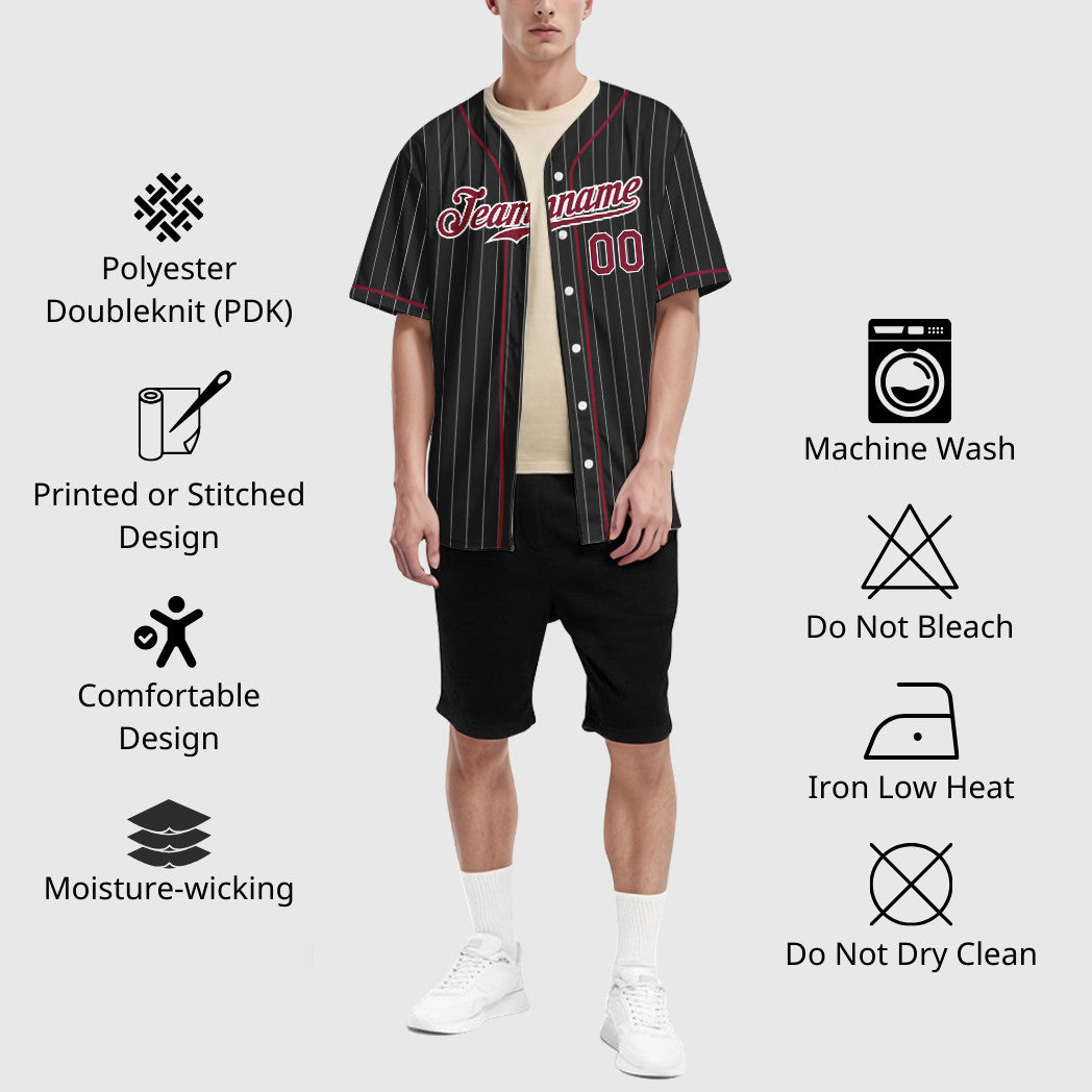 Custom Black White Crimson Piping Pinstripe Baseball Jersey