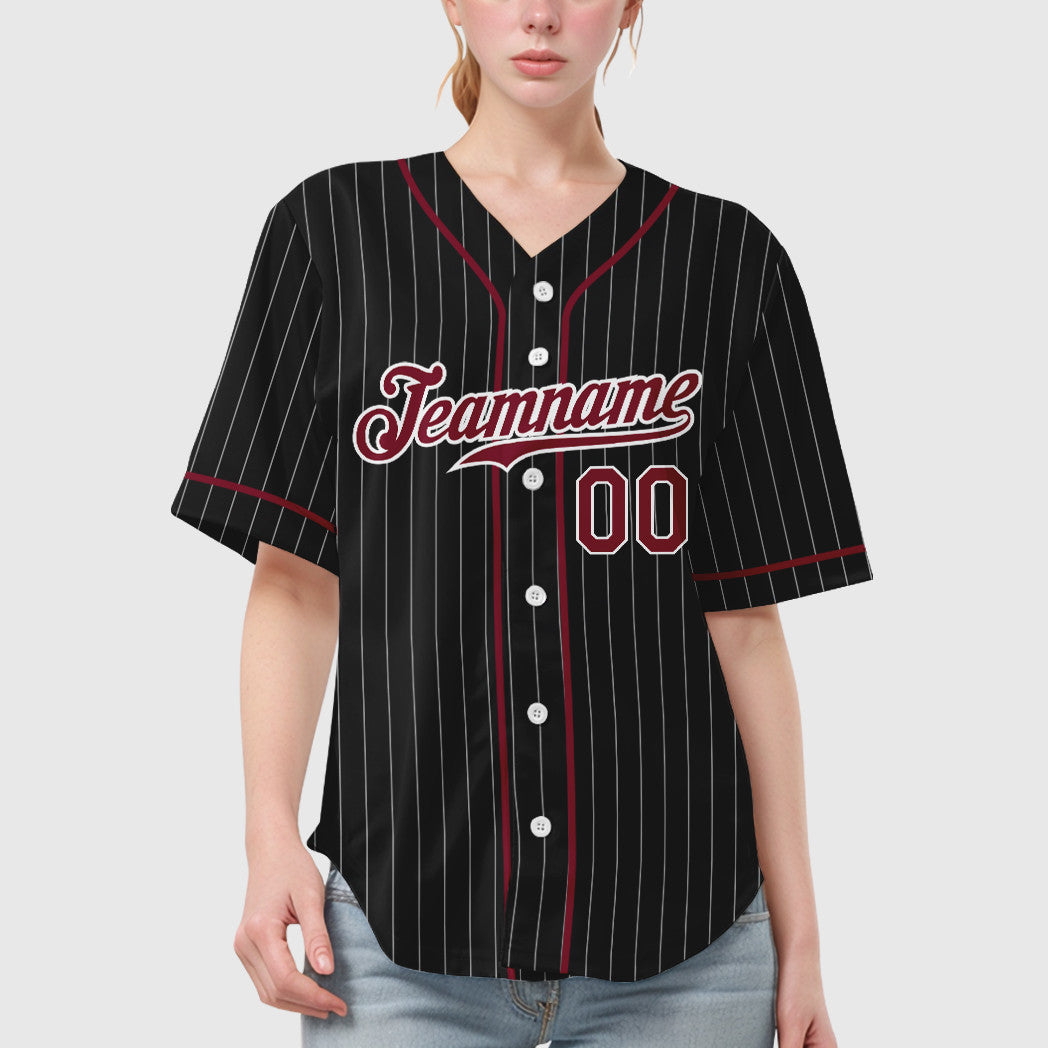 Custom Black White Crimson Piping Pinstripe Baseball Jersey