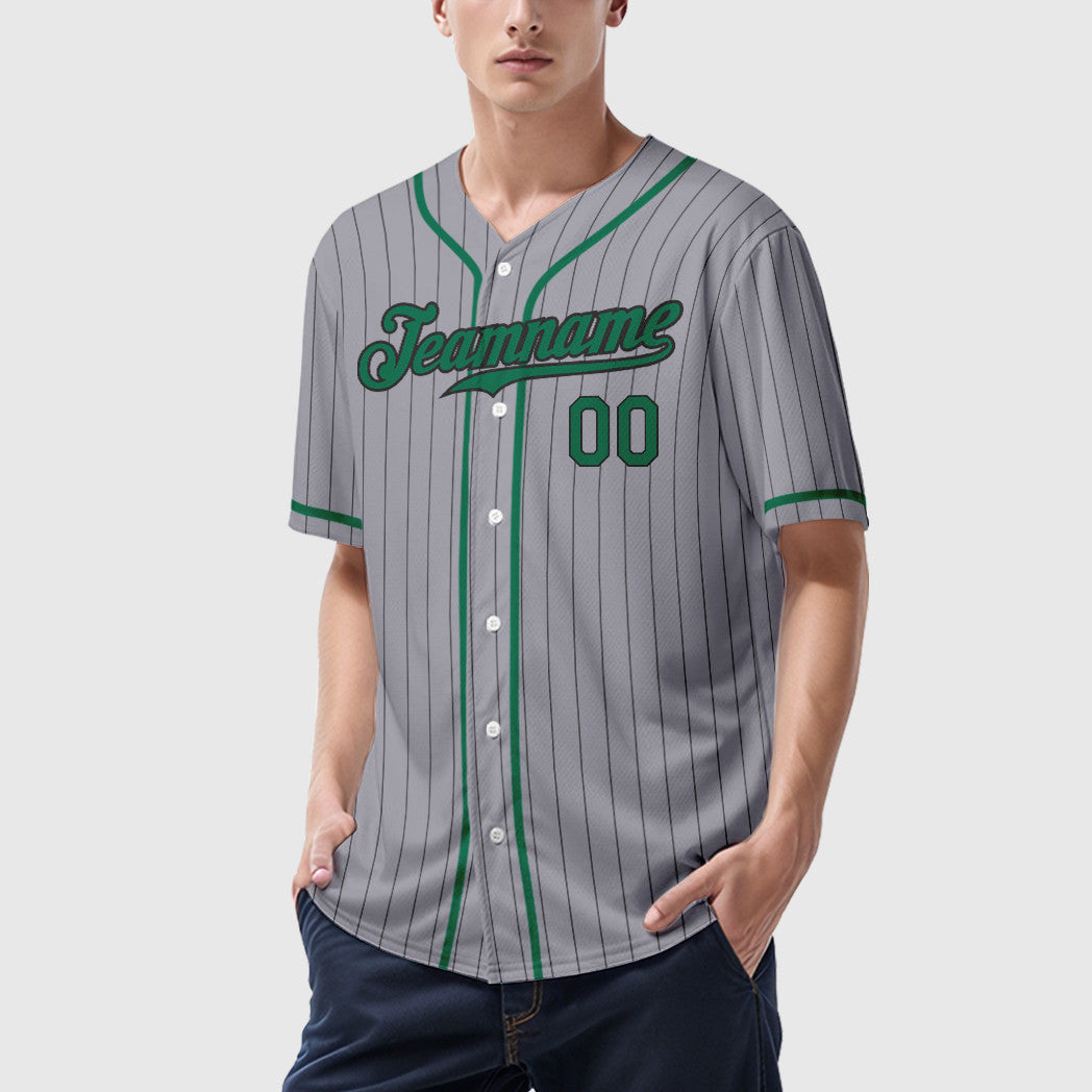 Custom Gray Black Kelly Green Piping Pinstripe Baseball Jersey