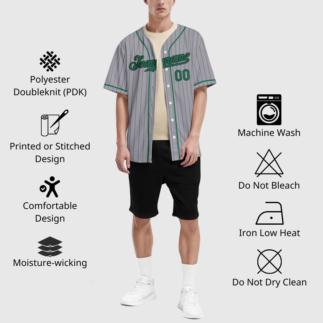 Custom Gray Black Kelly Green Piping Pinstripe Baseball Jersey