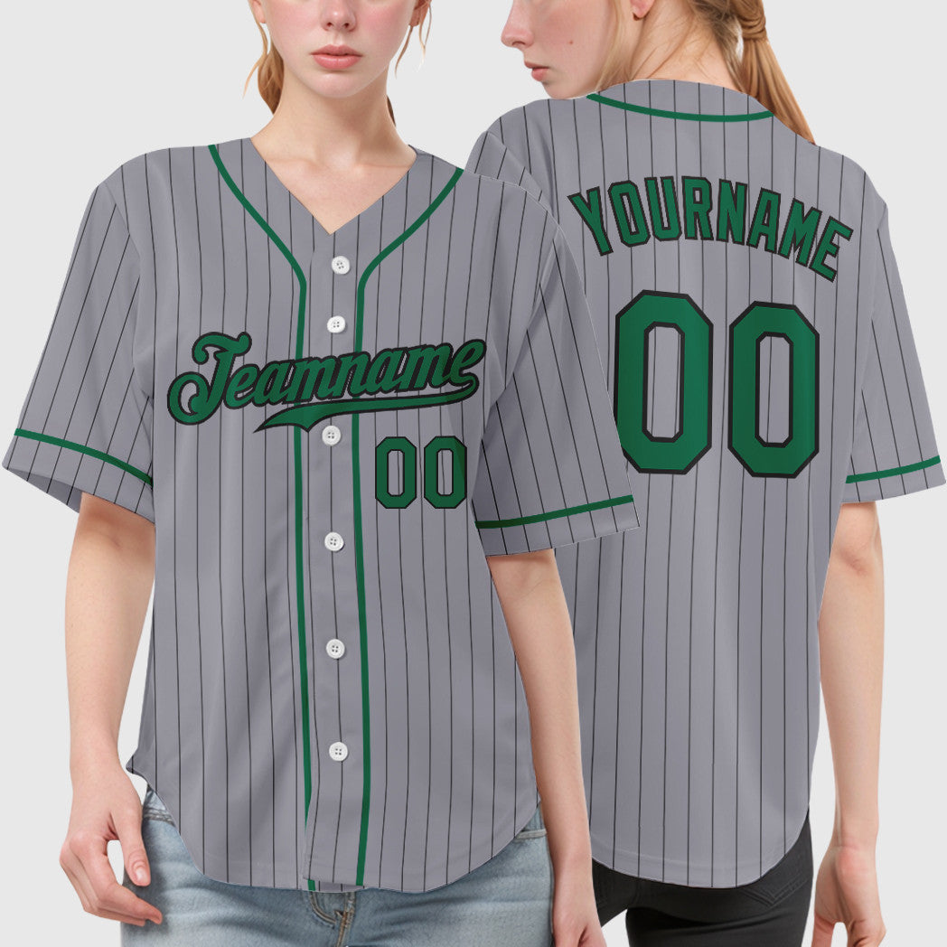 Custom Gray Black Kelly Green Piping Pinstripe Baseball Jersey