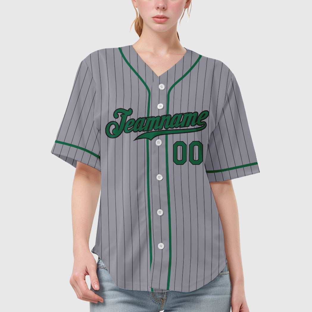 Custom Gray Black Kelly Green Piping Pinstripe Baseball Jersey
