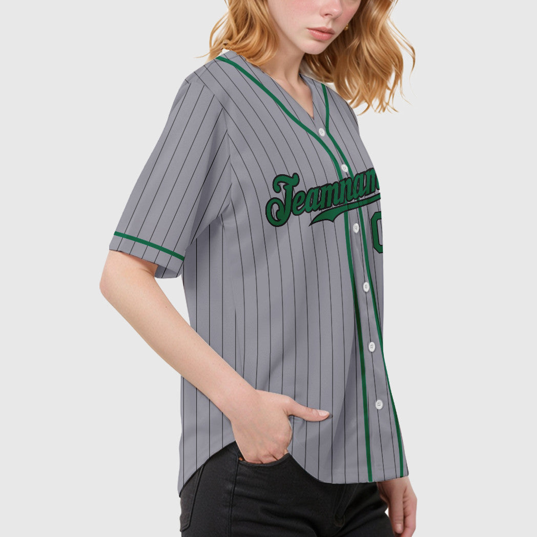 Custom Gray Black Kelly Green Piping Pinstripe Baseball Jersey