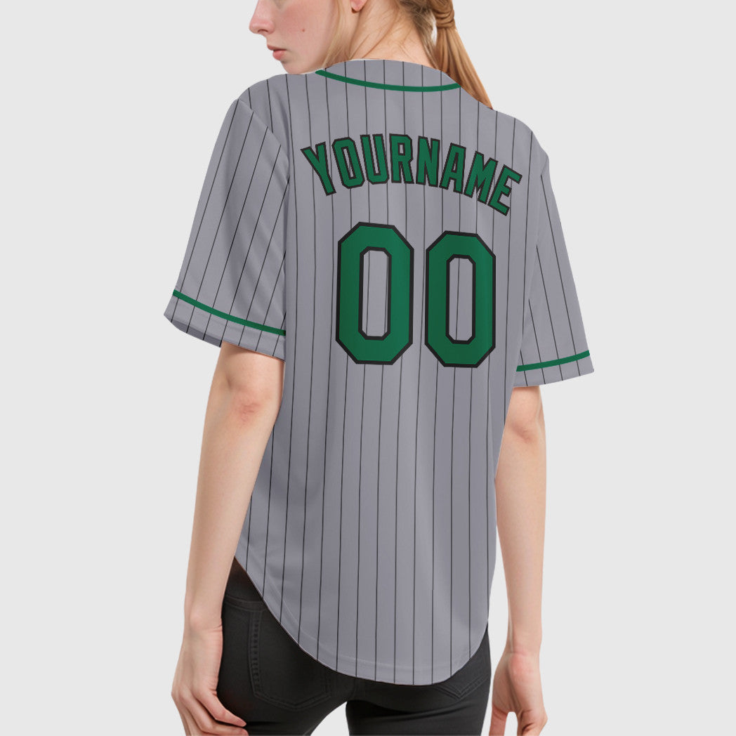 Custom Gray Black Kelly Green Piping Pinstripe Baseball Jersey
