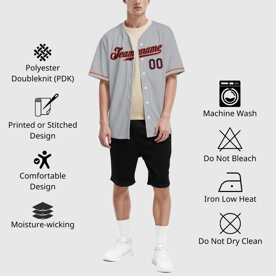 Custom Gray Navy Orange Baseball Jersey