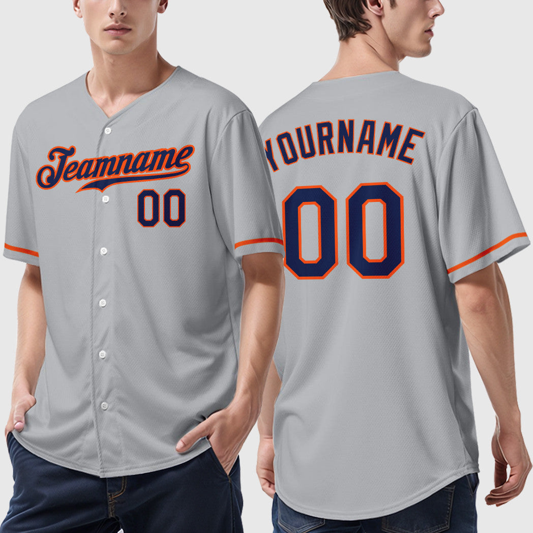 Custom Gray Navy Orange Baseball Jersey