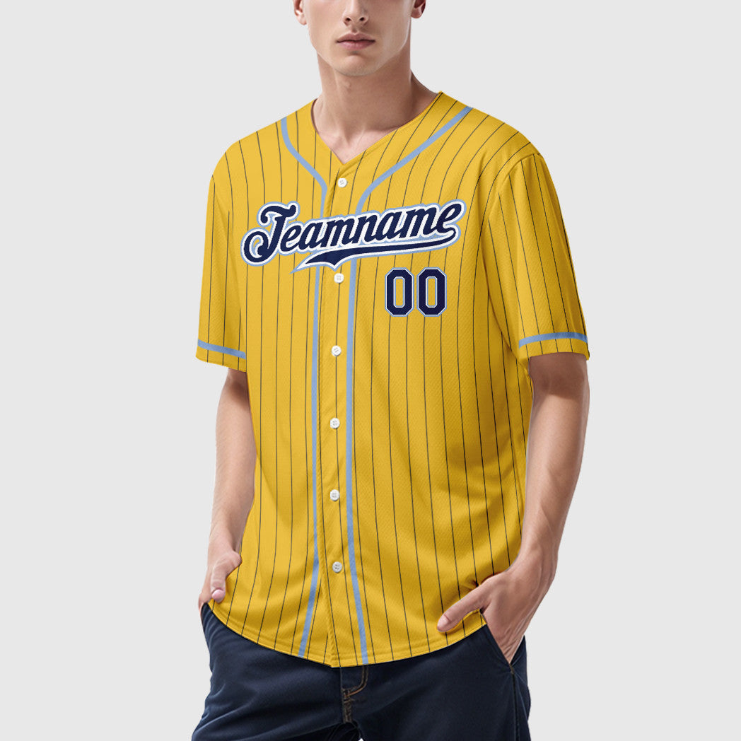 Custom Yellow Navy Navy-Light Blue Piping Pinstripe Baseball Jersey