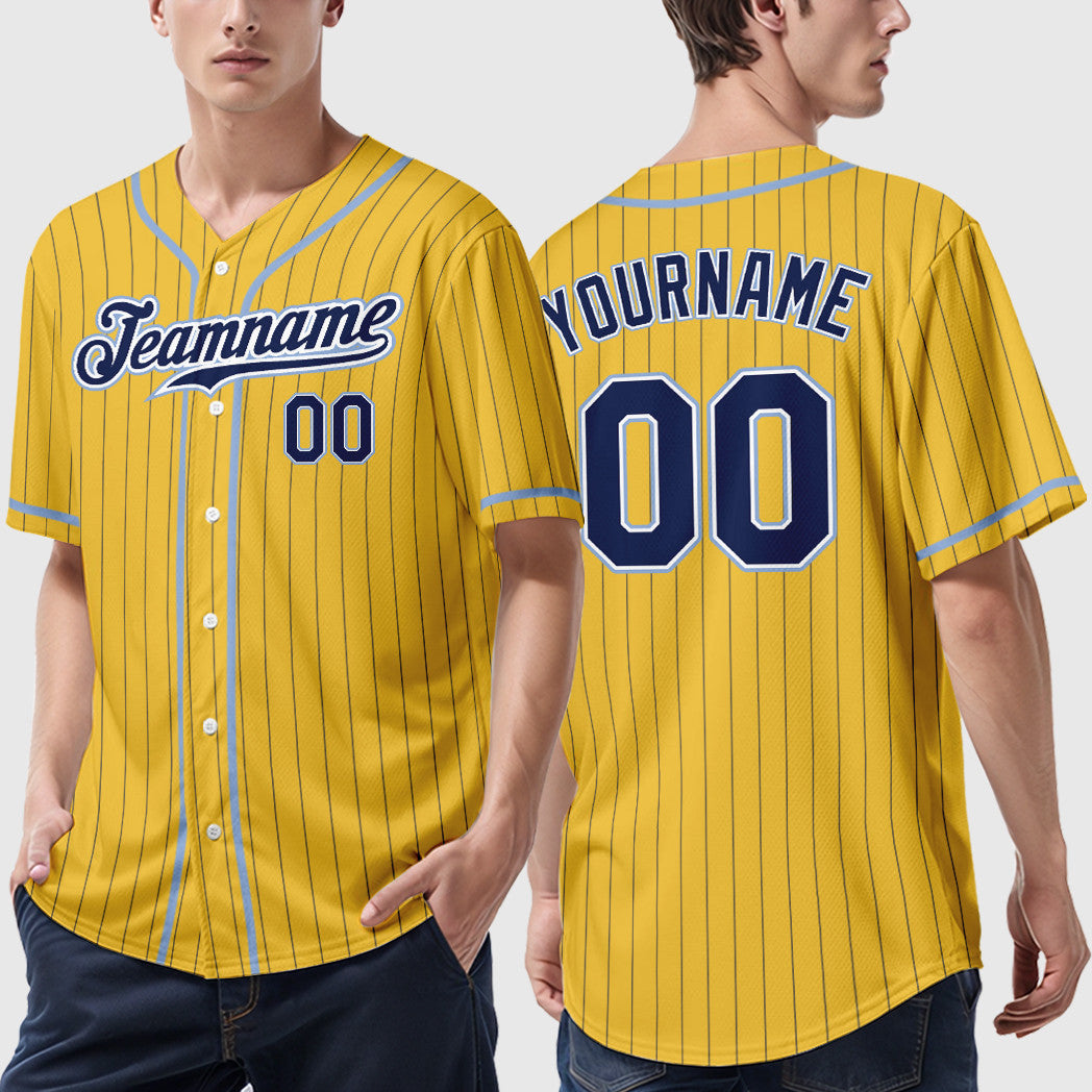 Custom Yellow Navy Navy-Light Blue Piping Pinstripe Baseball Jersey