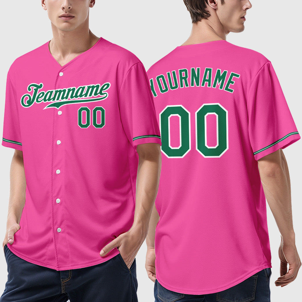 Custom Pink White Kelly Green Baseball Jersey
