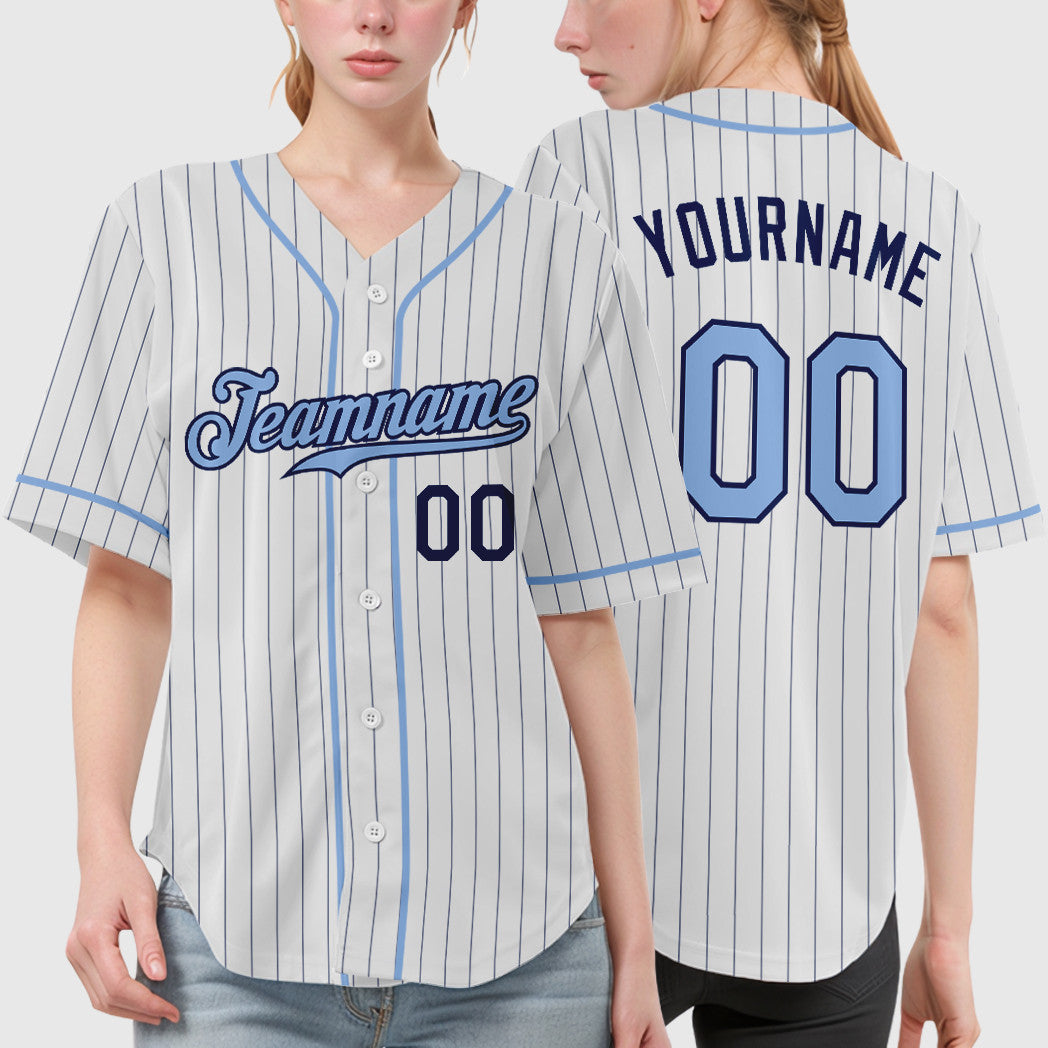 Custom White Navy Light Blue Piping Pinstripe Baseball Jersey