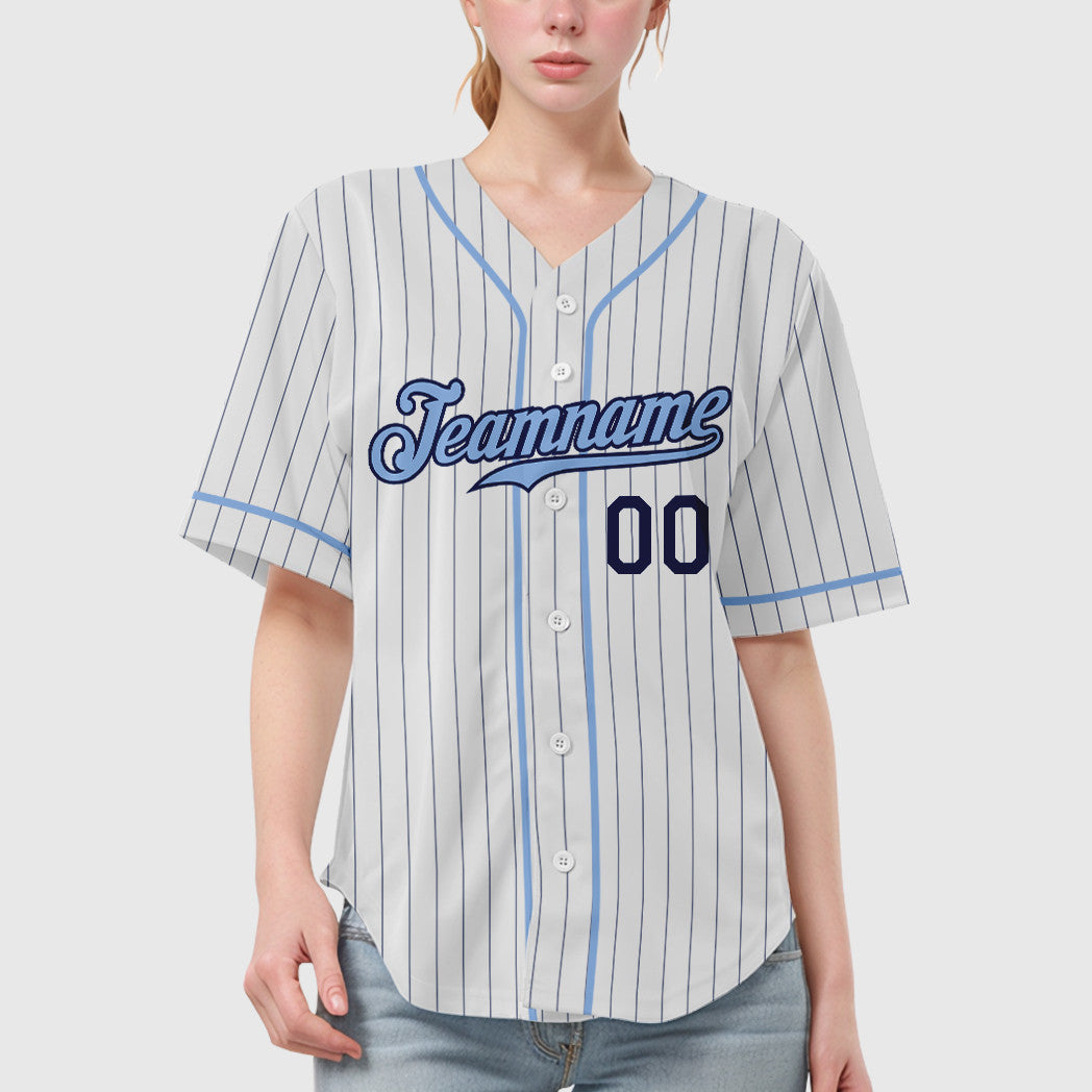 Custom White Navy Light Blue Piping Pinstripe Baseball Jersey