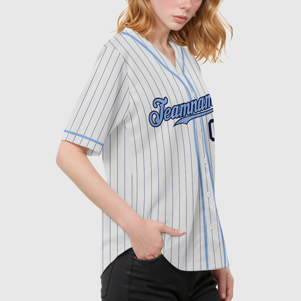 Custom White Navy Light Blue Piping Pinstripe Baseball Jersey