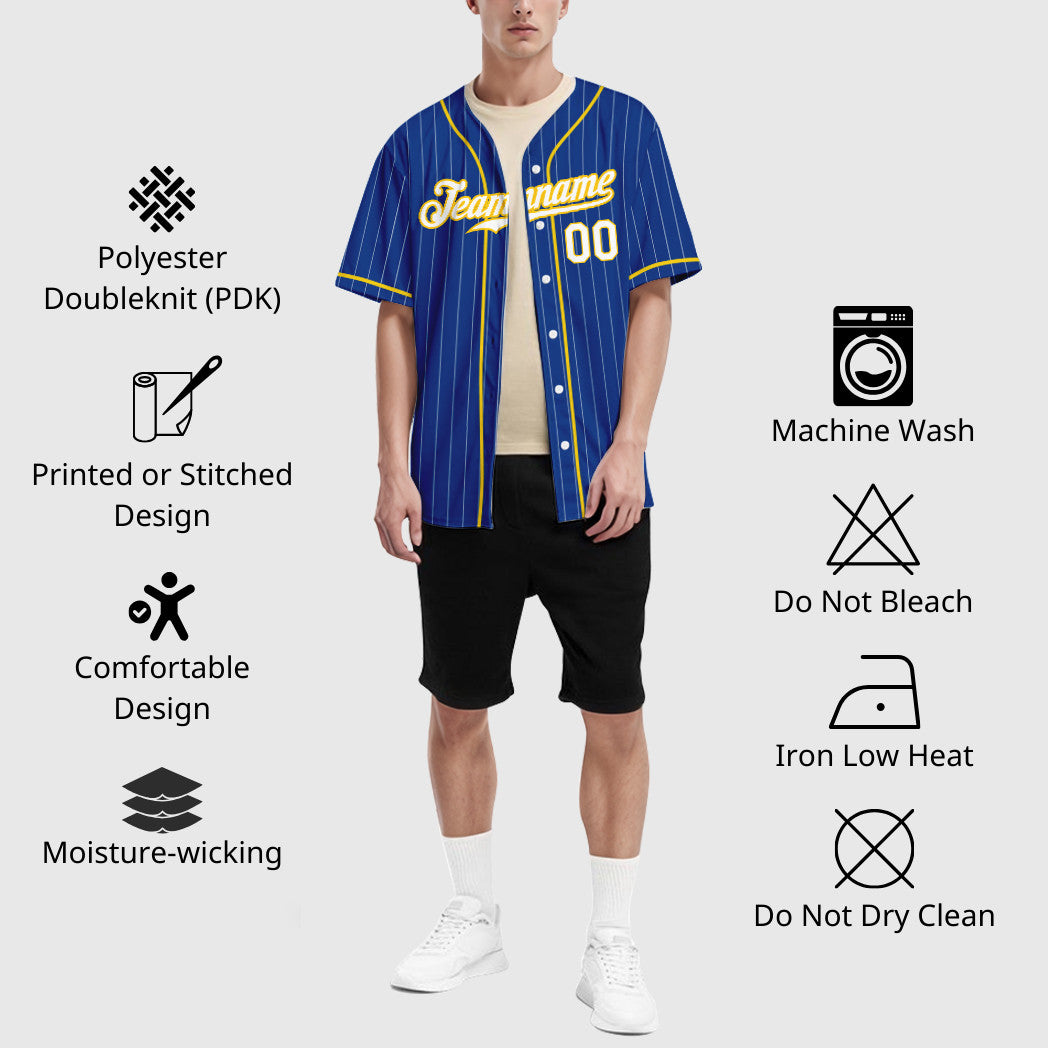 Custom Royal White Yellow Piping Pinstripe Baseball Jersey