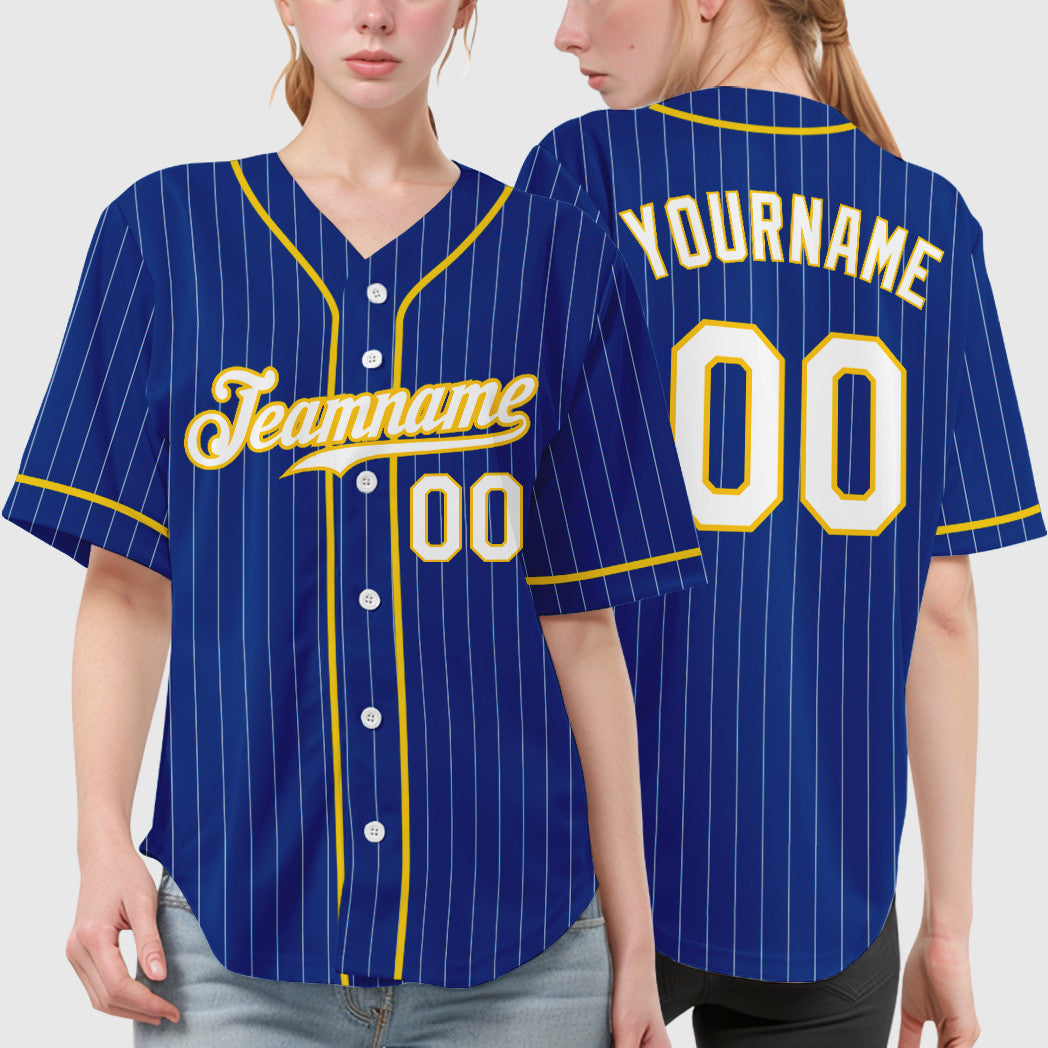 Custom Royal White Yellow Piping Pinstripe Baseball Jersey