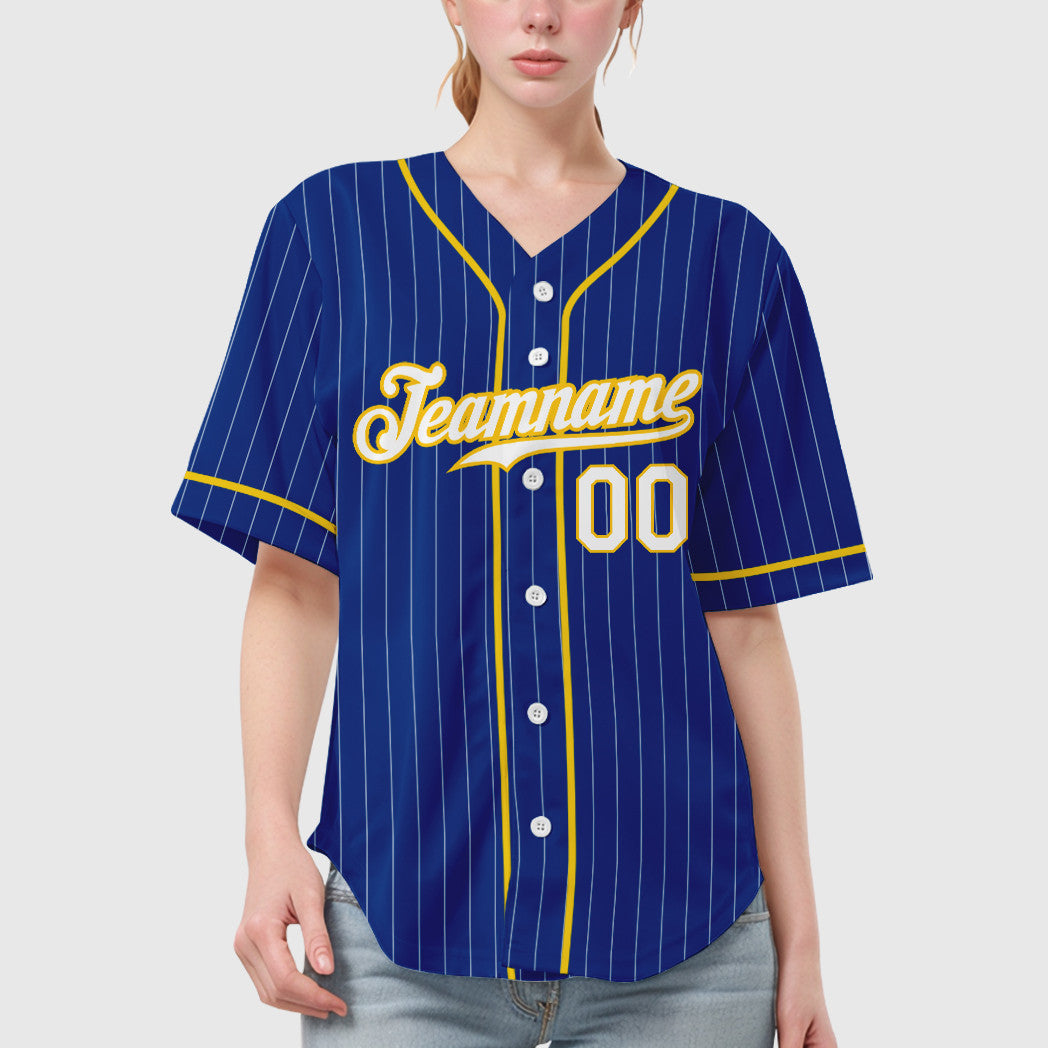 Custom Royal White Yellow Piping Pinstripe Baseball Jersey