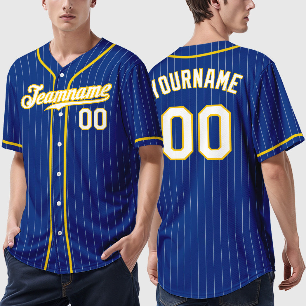 Custom Royal White Yellow Piping Pinstripe Baseball Jersey
