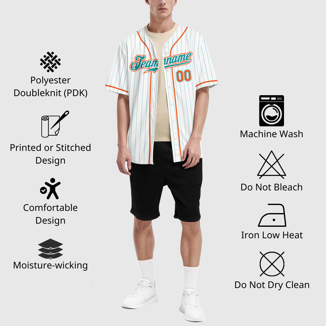 Custom White Teal Teal-Orange Piping Pinstripe Baseball Jersey