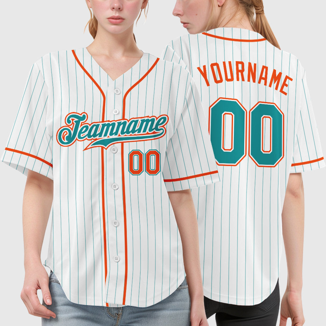 Custom White Teal Teal-Orange Piping Pinstripe Baseball Jersey